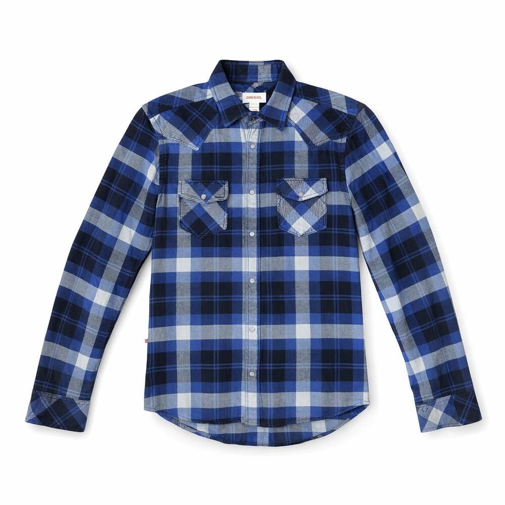 Diesel Men's Blue Plaid Cotton Western Snap Front Flannel Shirt Size L